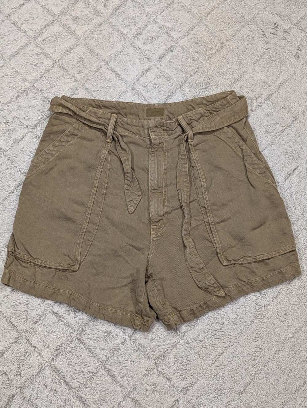 Mother Shorts Womens 31 Green Olive Chute Paparbag Linen Blend Tie Waist